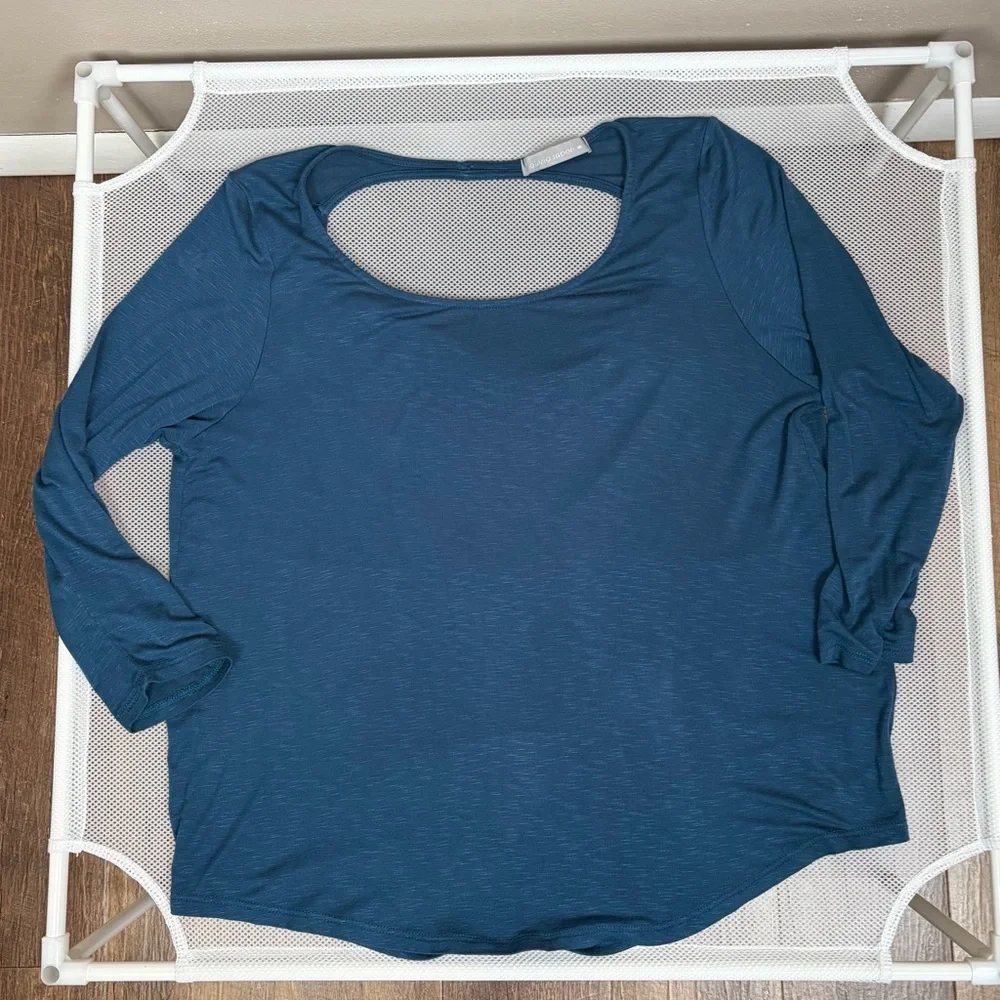 Olivia Moon Teal Blue Drape Open Back Knit Top Sz M Long Sleeve Made In USA EUC